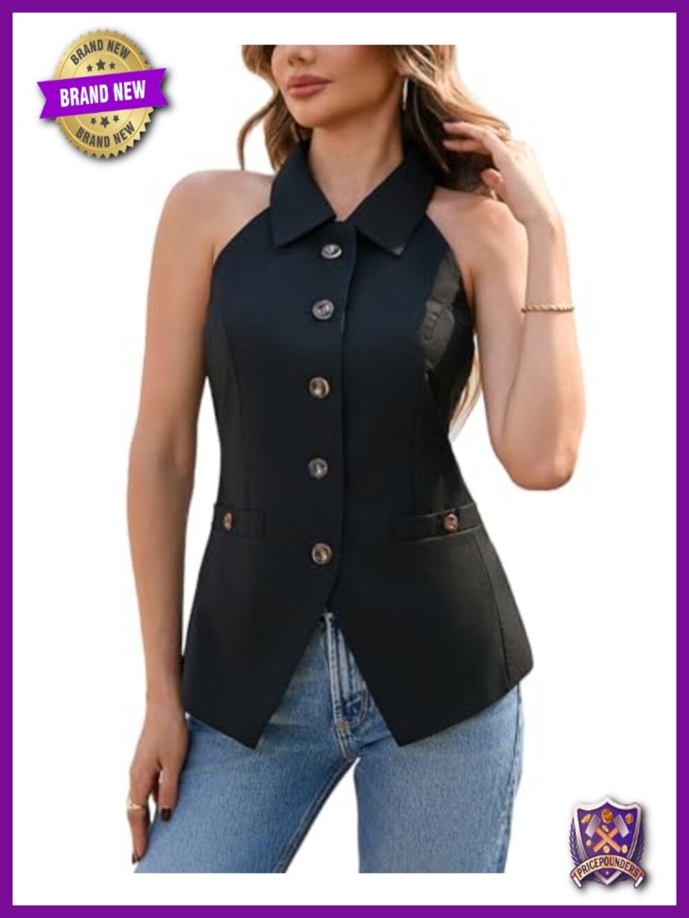 YEXPINE Women's Halter Neck Button Down Sleeveless Blazer Vest